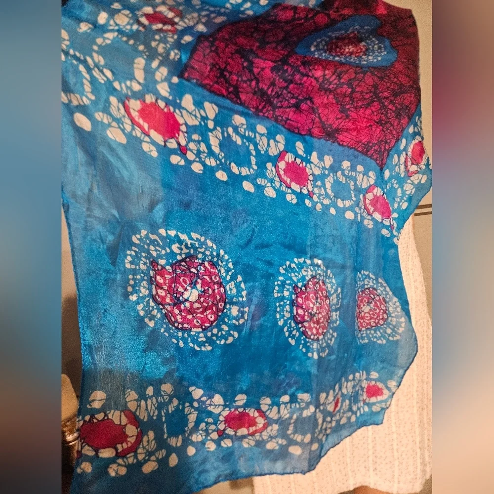 100% Pure Silk Batik Scarf Wrap – Made in India Blue Pink Boho